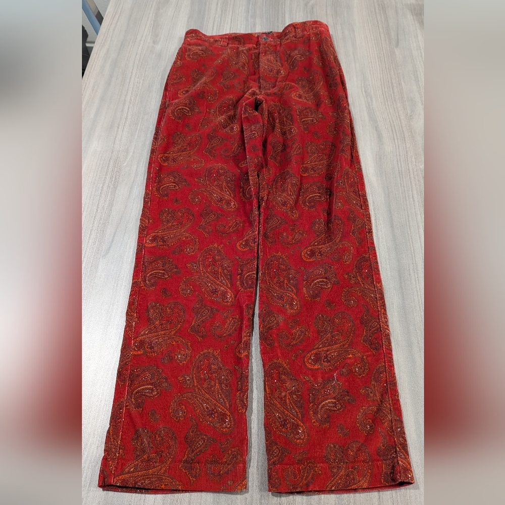 Vintage J Crew Pants Mens Size 30x32 Red Corduroy Paisley Flare Leg 90s.